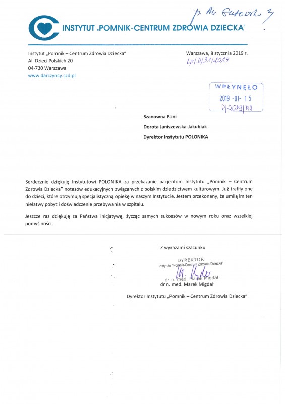 Otwórz galerię (2 fotografii) Podziękowania od Dyrektora Centrum Zdrowia Dziecka, Instytut POLONIKA