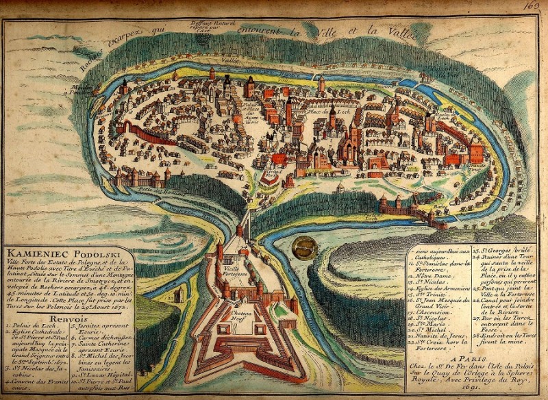 Nicolas de Fer, Kamieniec Podolski, plan miasta i twierdzy z 1691 r., Wikipedia, domena publiczna
