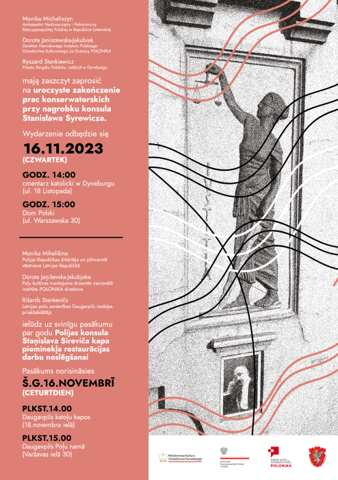Otwórz zdjęcie Grafika informująca o uroczystym zakończeniu prac przy nagrobku Stanisława Syrewicza na cmentarzu w Daugavpils, 16 listopada 2023 r.